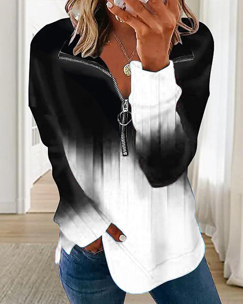 

Ombre Print Zip Detail Long Sleeve Top, Blackwhite