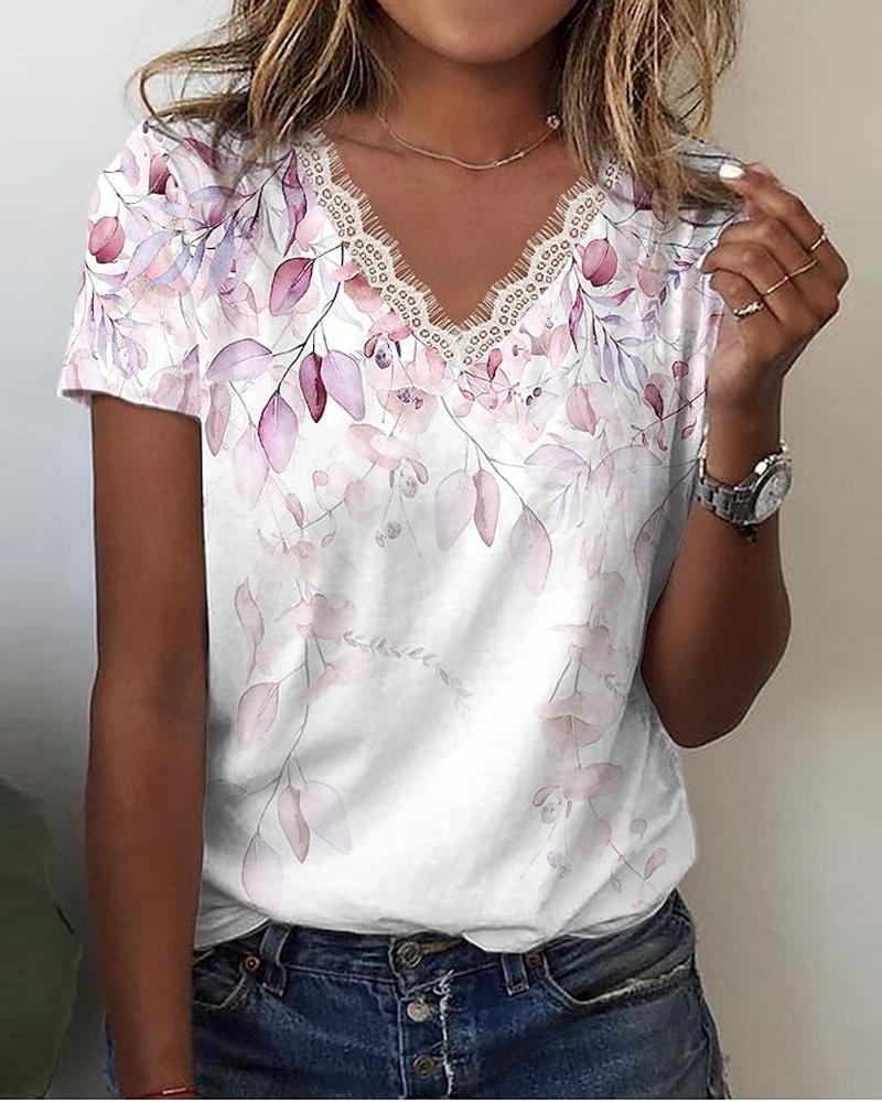 

Plants Print Lace Trim Casual T-shirt, White