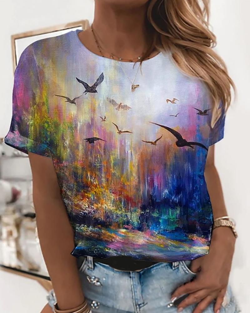 

Graphic / Floral Print Short Sleeve Casual T-Shirt, Style2