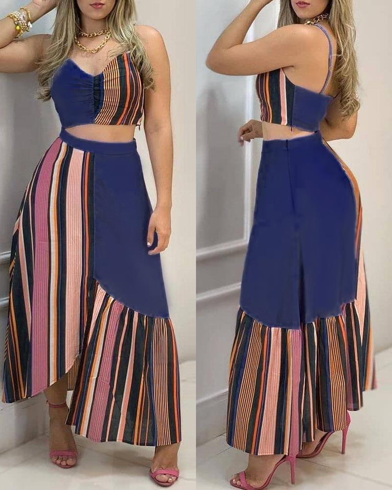 

Striped Colorblock Crop Top & Asymmetrical Maxi Skirt Set, Blue