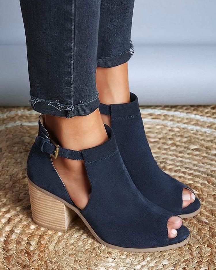 

Side Cutout Open Toe Block Buckle Heels Sandals, Dark blue