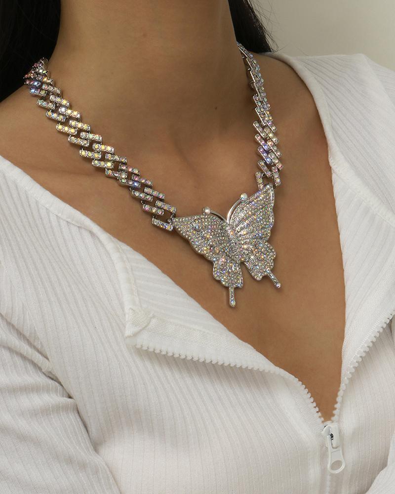 

Butterfly Pattern Studded Pendant Chain Necklace, Silver