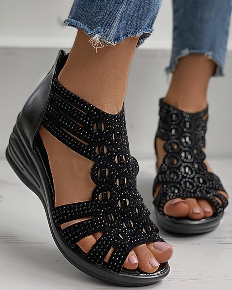 

Rhinestone Cutout Peep Toe Wedge Sandals, Black