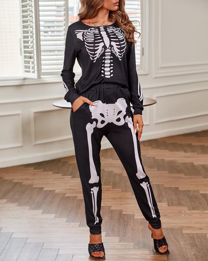 

Halloween Skeleton Print Top & Pocket Design Pants Set, Black