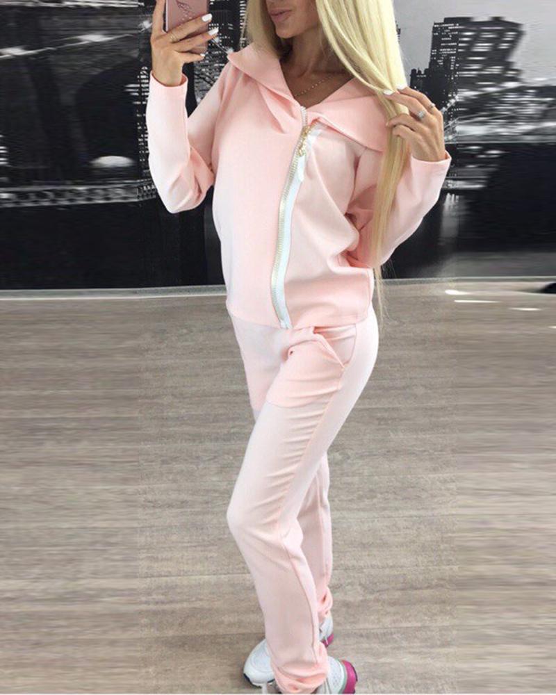 

Stitching Zipper Long Sleeve Suit Sets, Pink