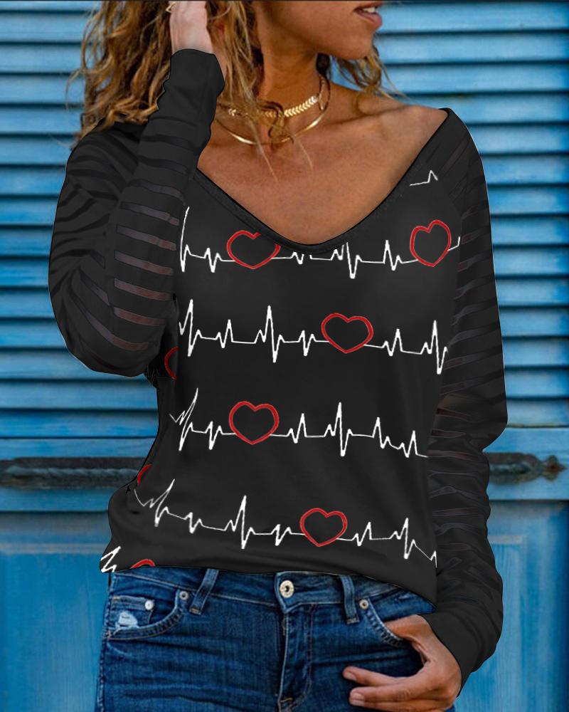 

Heart Print V-Neck Long Sleeve Top, Black
