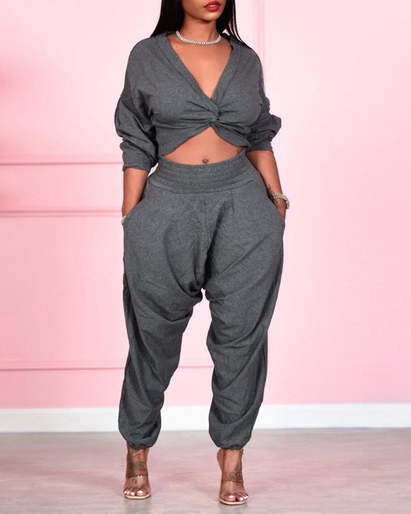 

Plain Twisted Crop Top & Pocket Design Pants Set, Gray