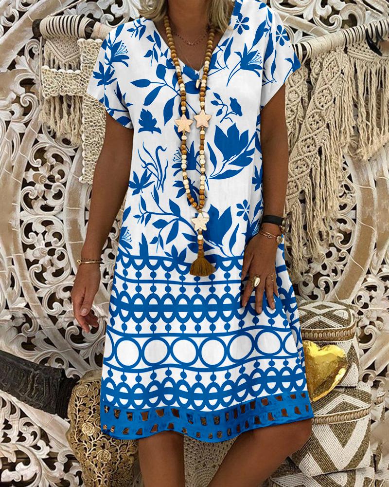 

Plants Geo Print Hollow Out Casual Dress, Blue