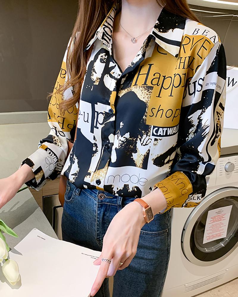 

Long Sleeve Letter Abstract Figure Print Buttoned Top, Yellow