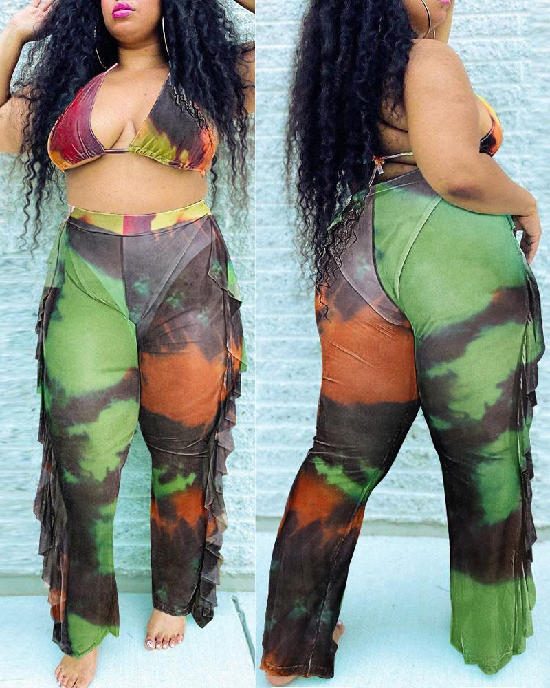 

Plus Size Tie Dye Print Ruffle Hem Cover Up Set, Green
