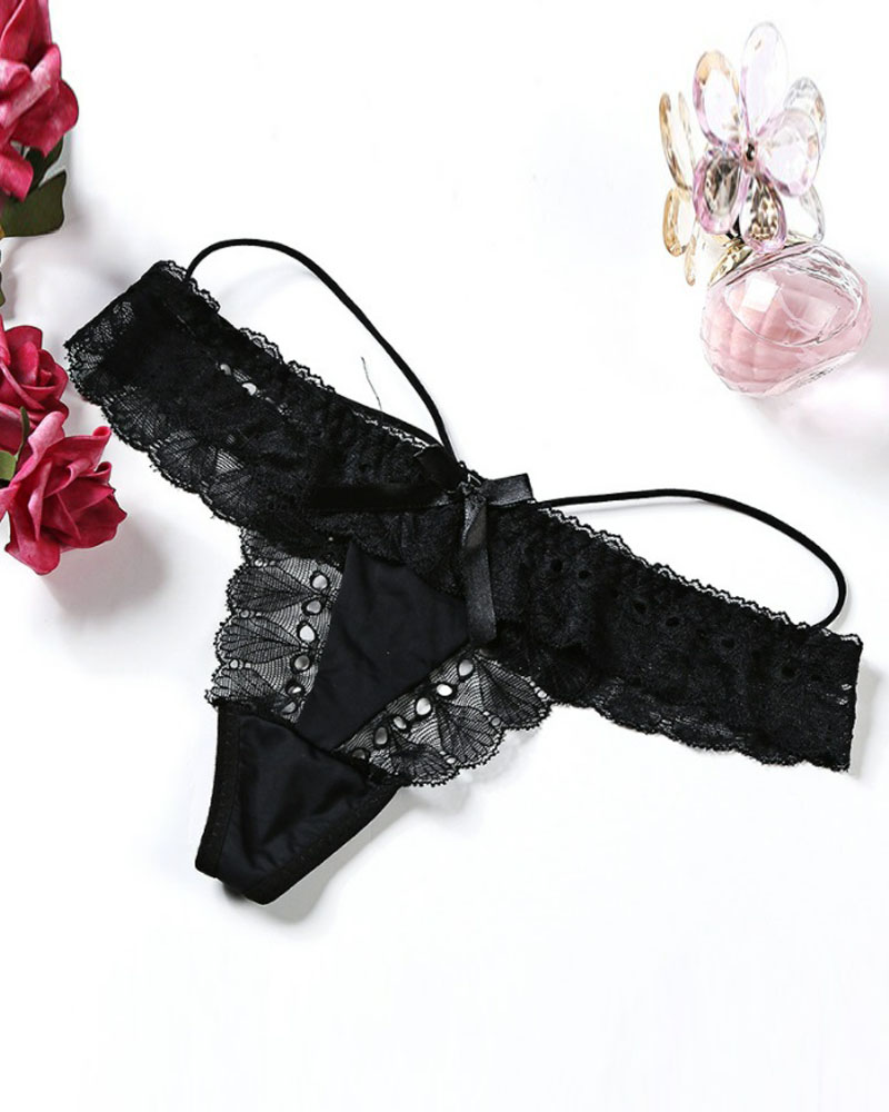 

Bowknot Decor Floral Lace Thong Panty, Black