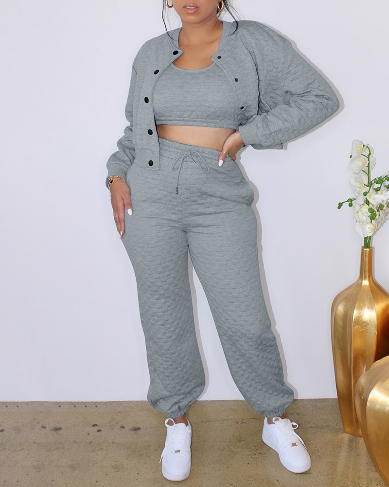 

Tank Top & Pocket Design Pants Set With Coat, Gray