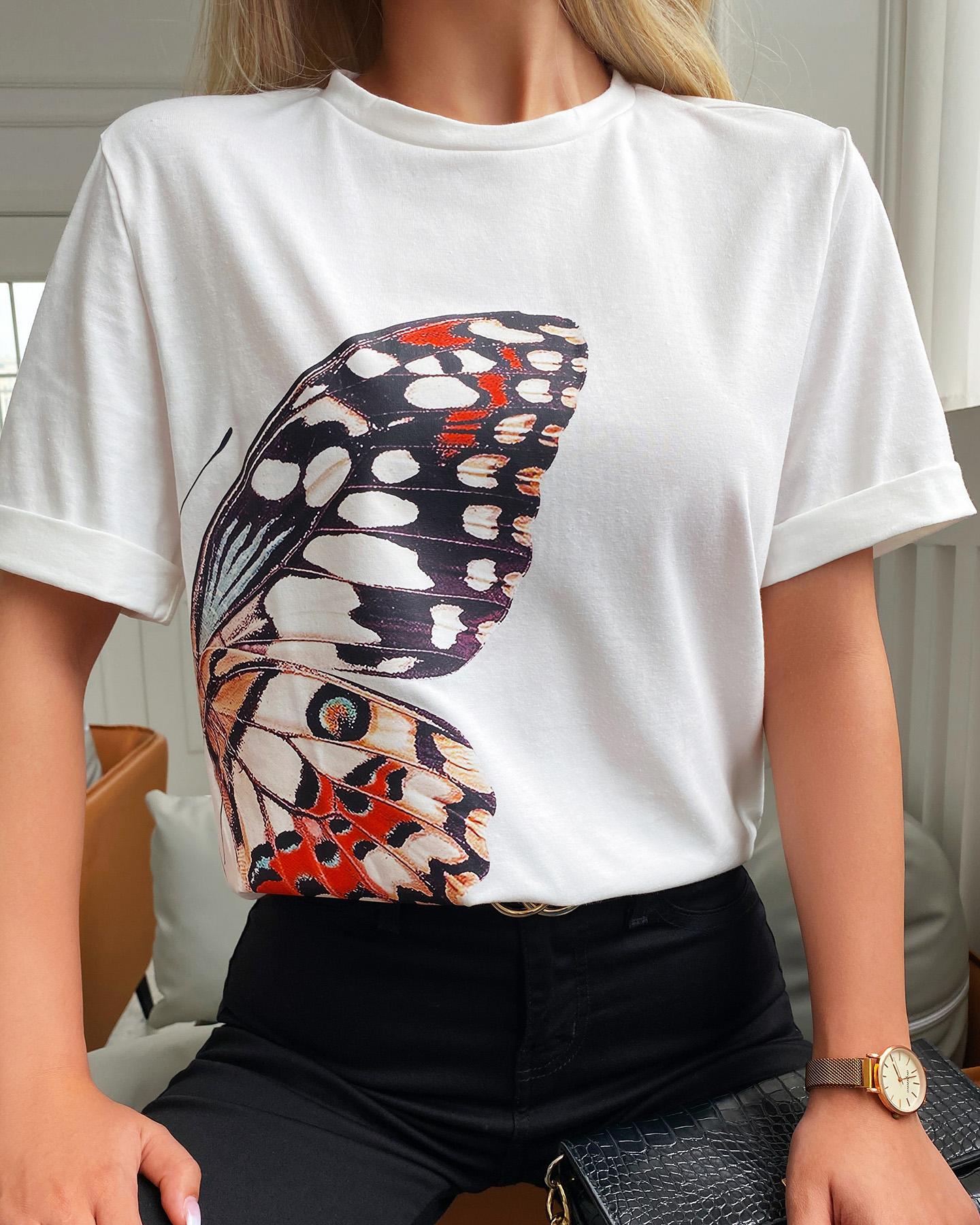 

Butterfly Print Short Sleeve Casual T-shirt, White