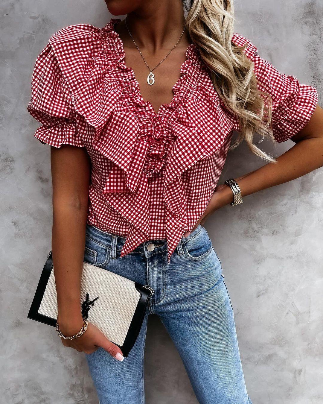 

Plaid Print Puff Sleeve Ruffles Frill Hem Blouse, Red
