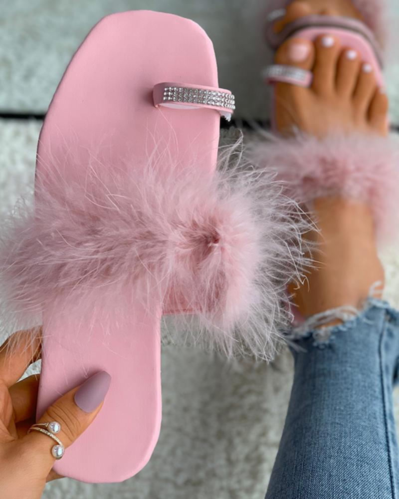 

Rhinestone Toe Ring Feather Detail Slippers, Pink