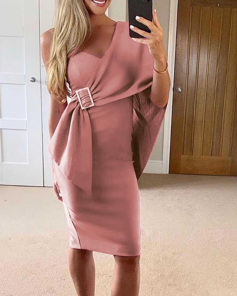 

One Shoulder Rhinestone Buckled Slit Evening Dress, Pink