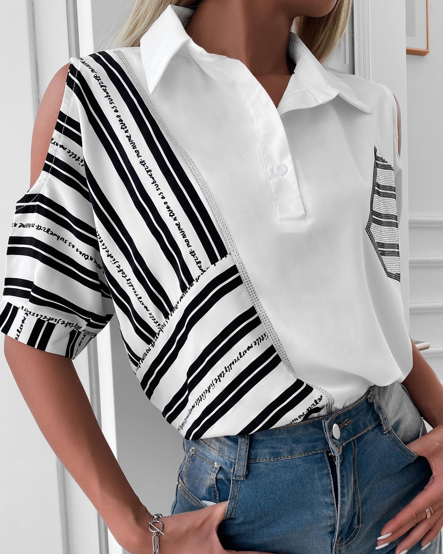 

Striped Letter Print Sequins Cold Shoulder Top, White