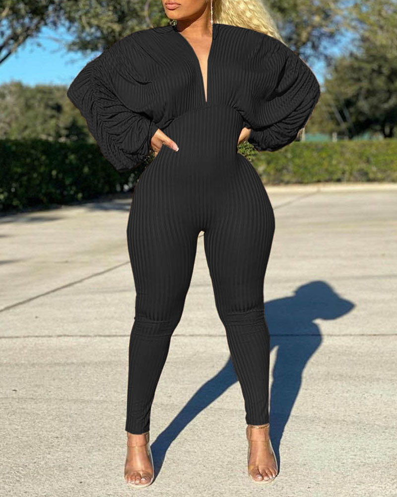 

Ribbed Plunge Ruched Lantern Sleeve Jumpsuit, Black