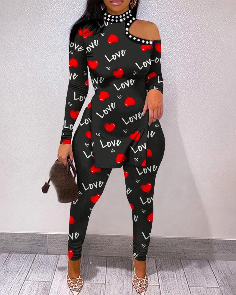

Valentine' Day Love Heart Print Cold Shoulder Top & Pants Set, Black
