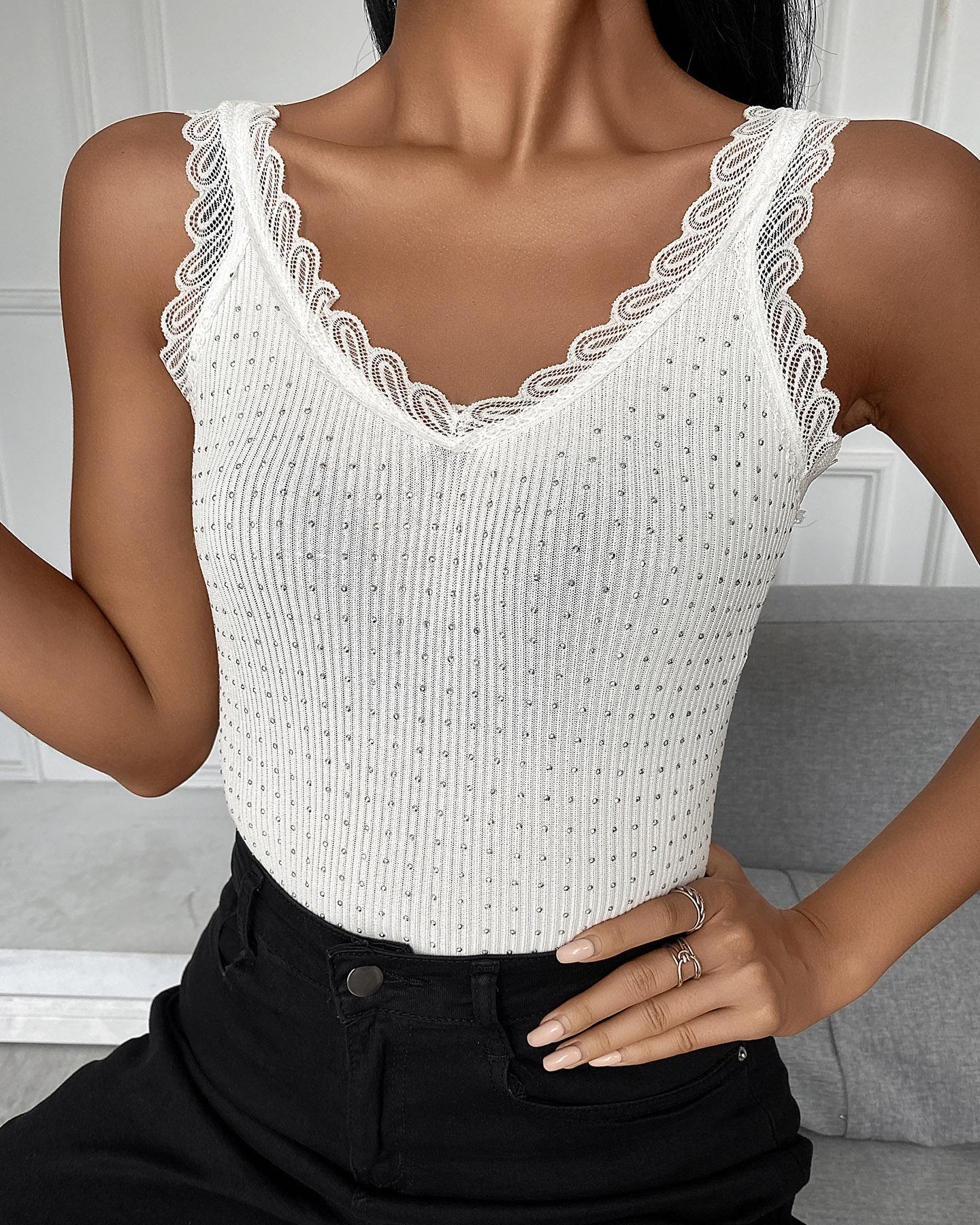

Studded Thick Strap V Neck Tank, White