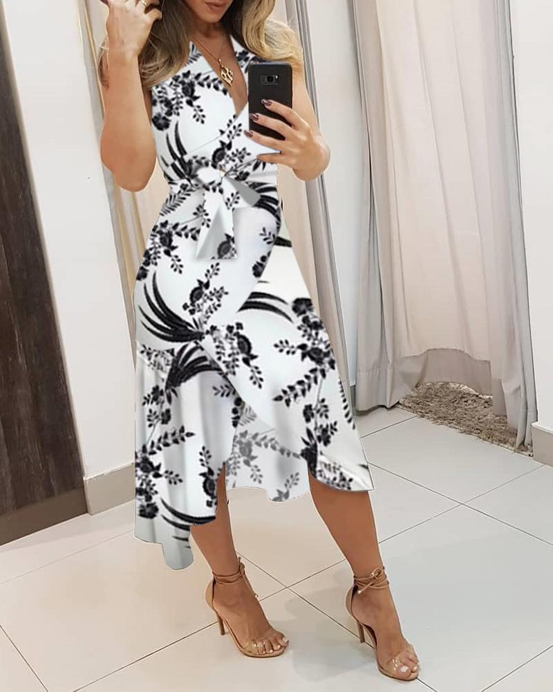 

V-neck Floral Print Irregular Dress, White