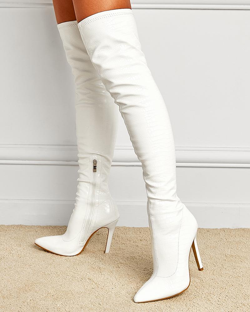 

Side Zipper Stiletto Heel Over The Knee Boots, White