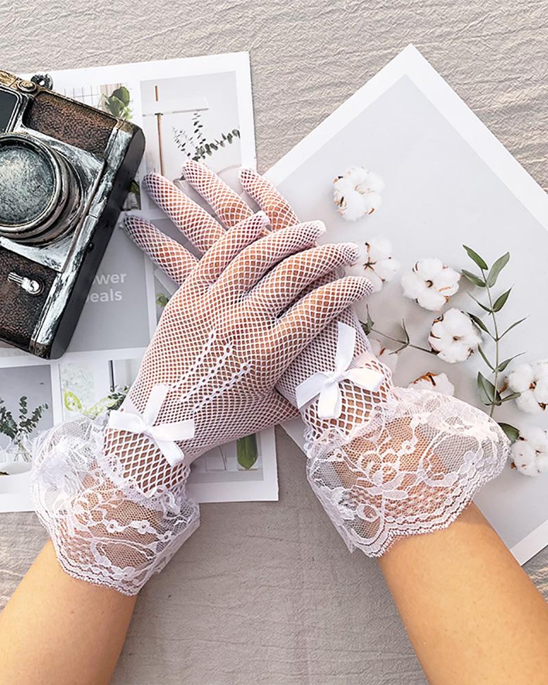 

Bowknot Decor Fishnet Design Crochet Lace Gloves, White