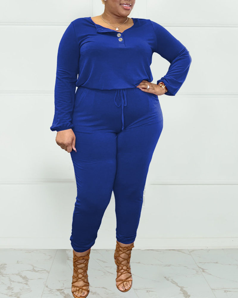

Plus Size Button Front Long Sleeve Jumpsuit, Blue