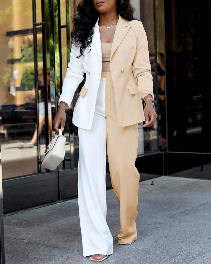 

Colorblock Lapel Collar Double Breasted Blazer, Apricot