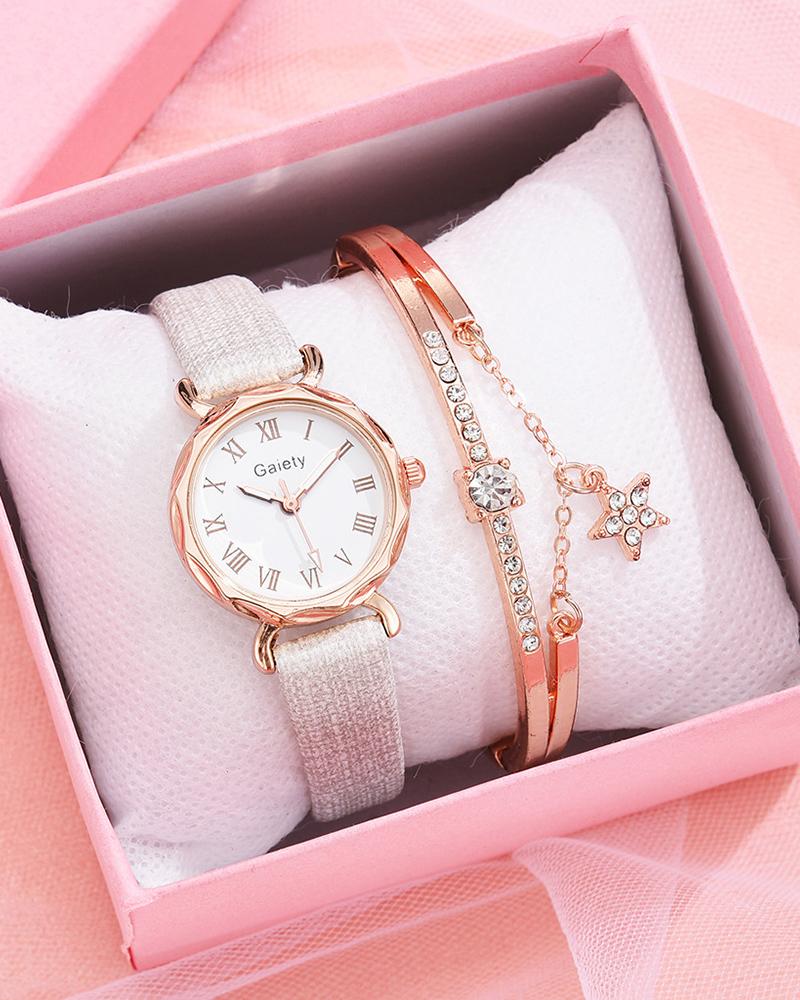 

Minimalist Pointer Quartz Watch & Star Rhinestone Bracelet Set, White
