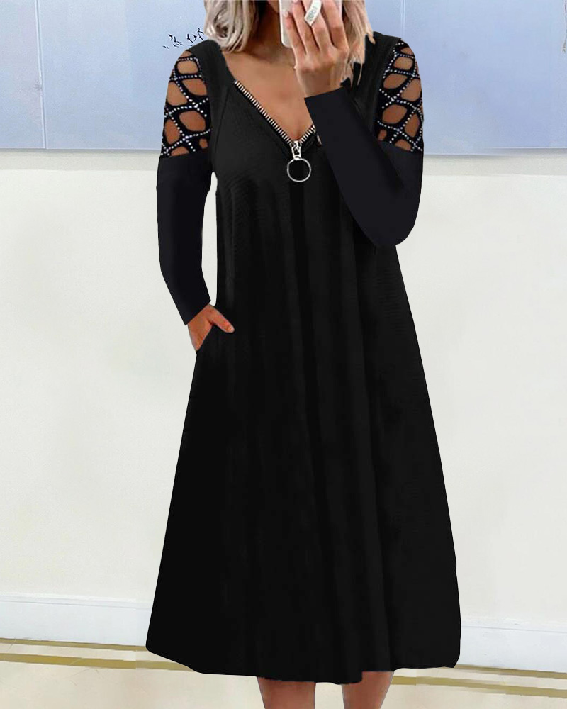 

Studded Hollow Out Long Sleeve Zipper Detail Casual Dress, Black