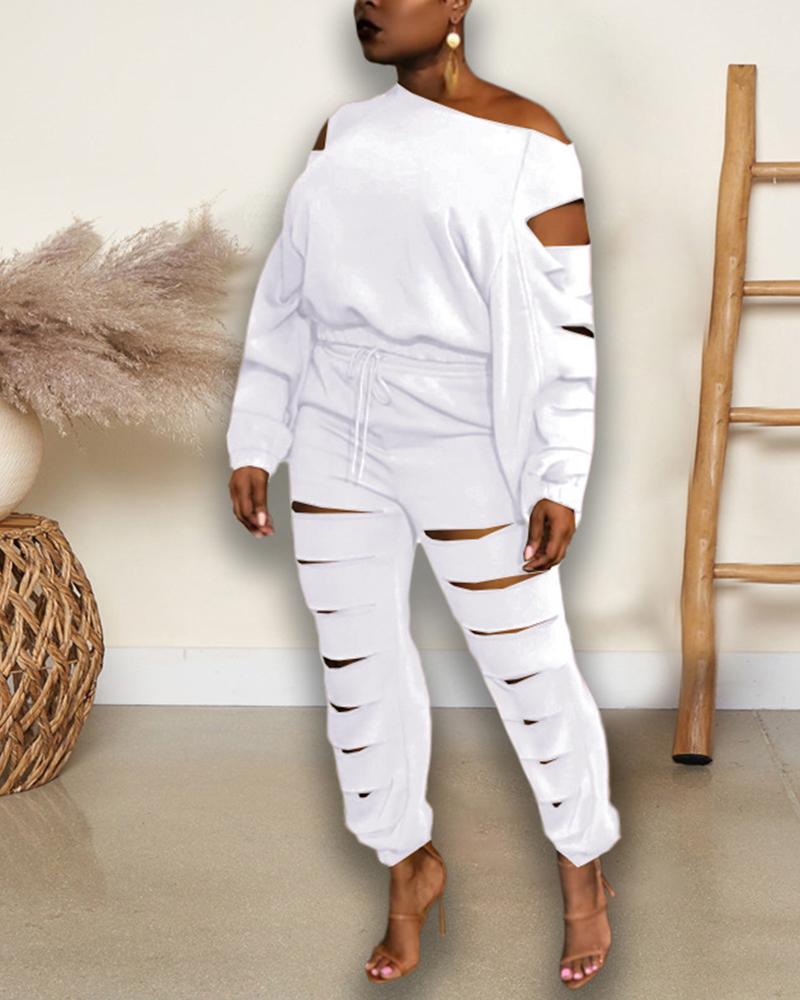 

Plus Size Ladder Cutout Cold Shoulder Top & Pants Set, White