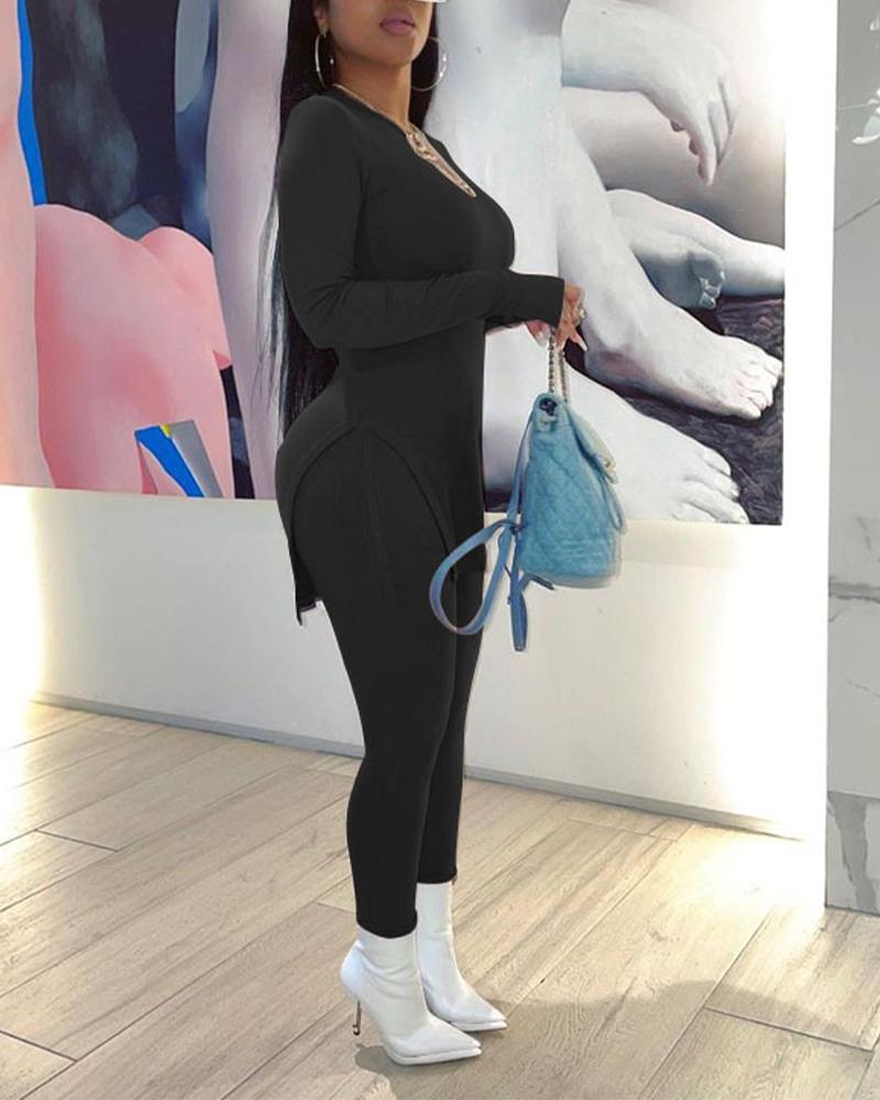 

Thumb Hole Split Hem Top & Pencil Pants Set, Black