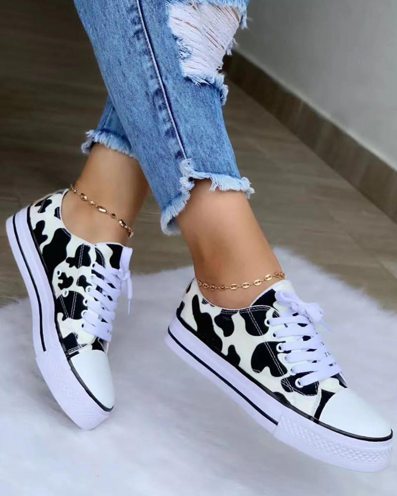 

Lace-up Cheetah Print Canvas Sneakers, Blackwhite