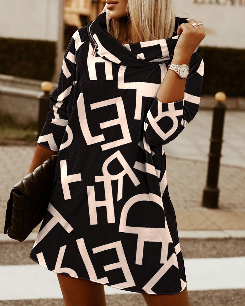 

Letter Print Zipper Design Hooded Sweatshirt Dress, Black