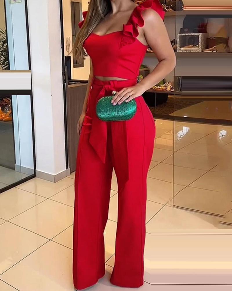 

Flutter Sleeve Crop Top & Wide Leg Pants Set, Red