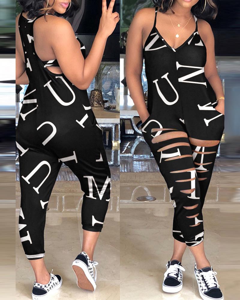 

Letter Print Ladder Cutout Spaghetti Strap Jumpsuit, Black