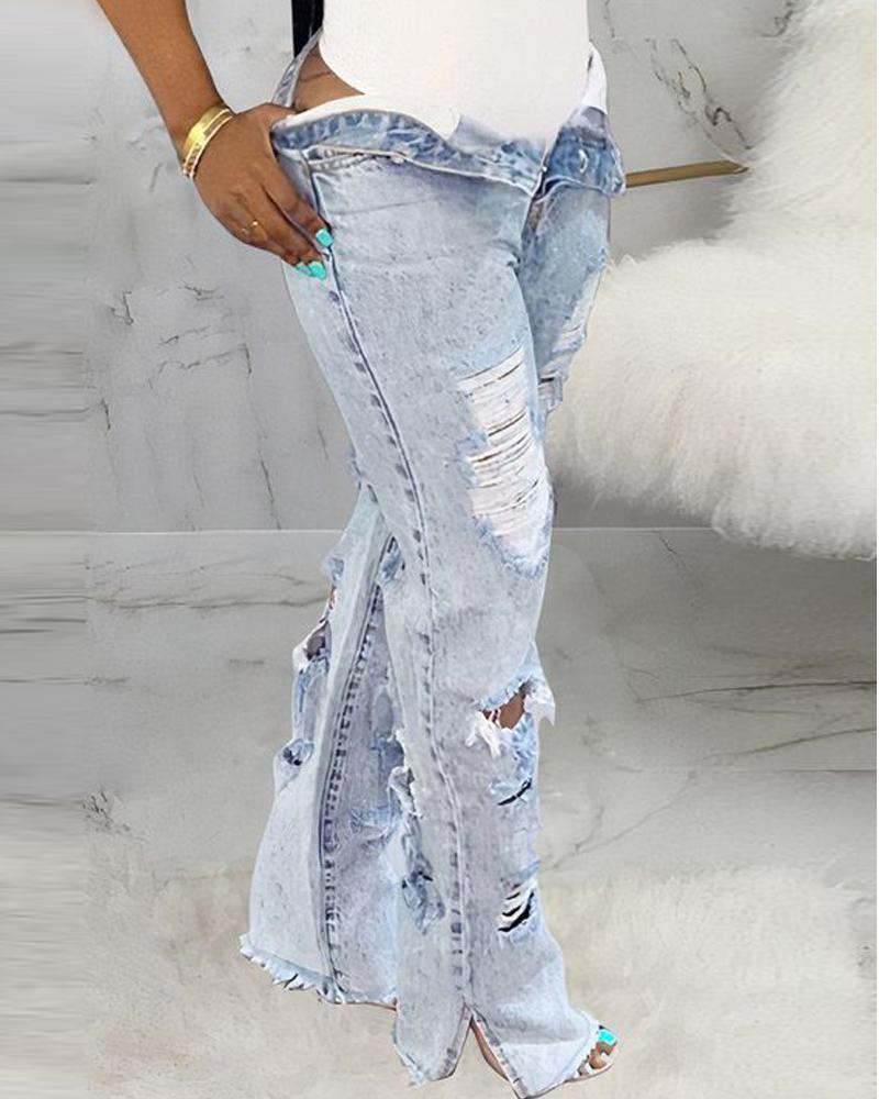 

Zip Fly Cutout Ripped Split Hem Flared Leg Jeans, Blue