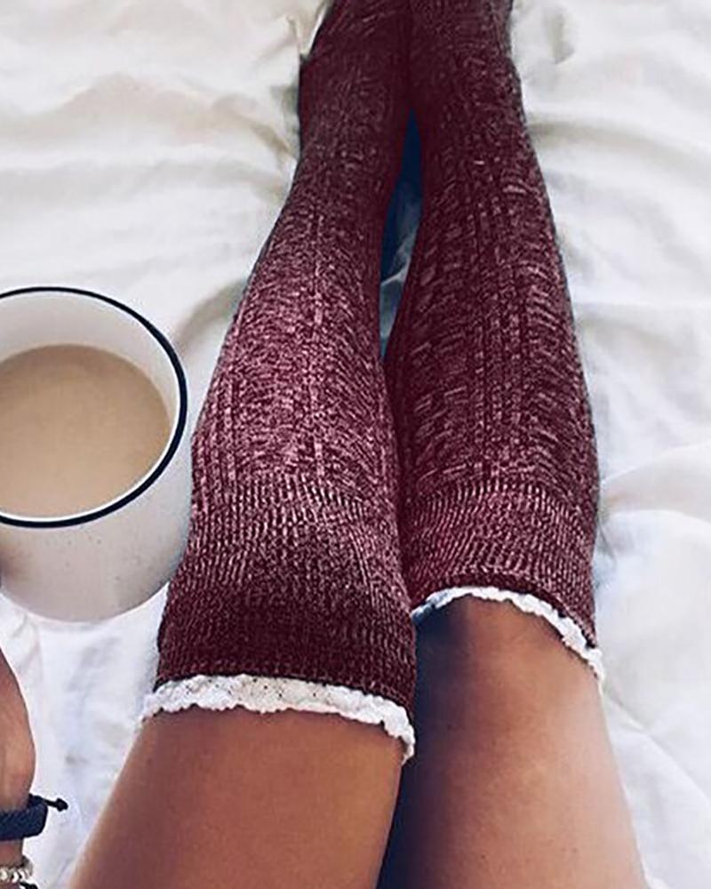 

Lace Trim Colorblock Over The Knee Socks, Wine red