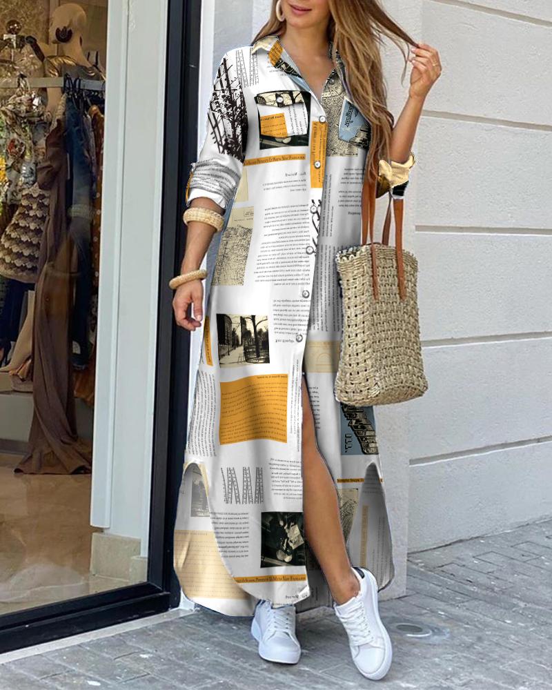 

Letter Print Button Through Slit Shirt Dress, Yellow