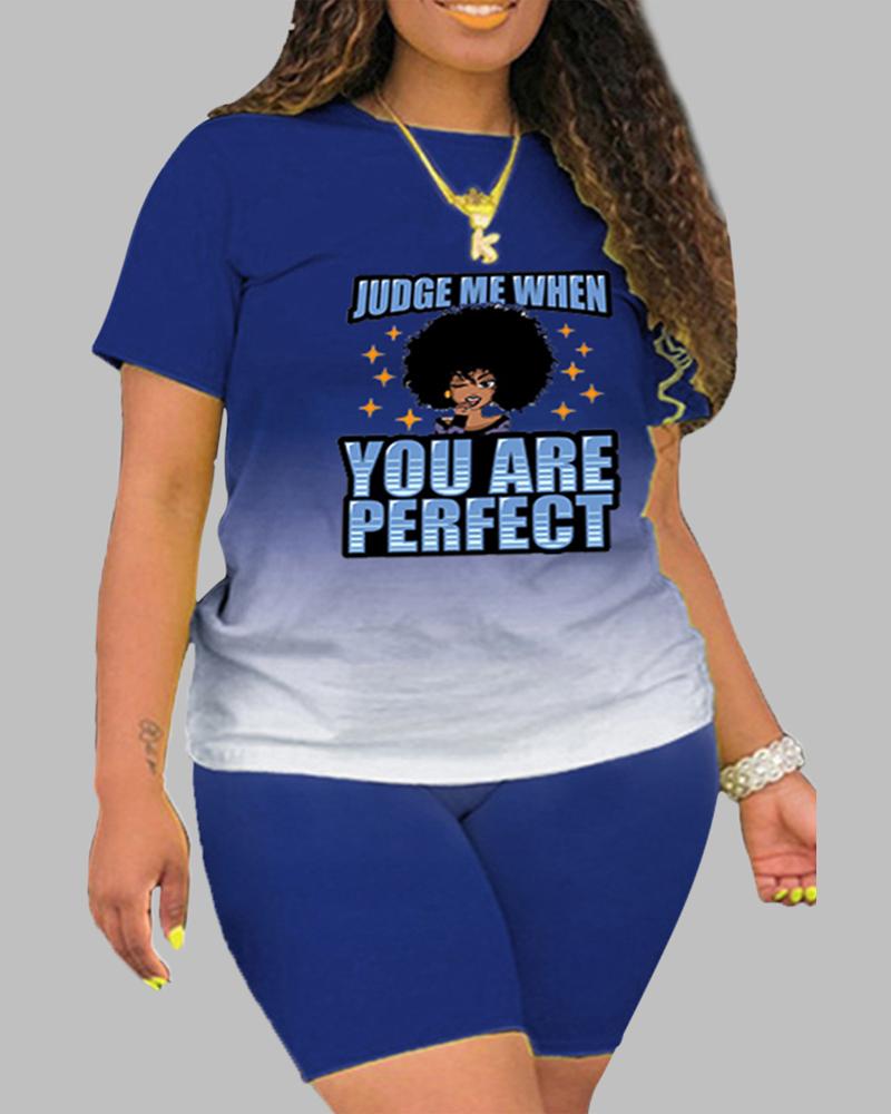 

Plus Size Letter Figure Print Ombre Top & Shorts Set, Dark blue