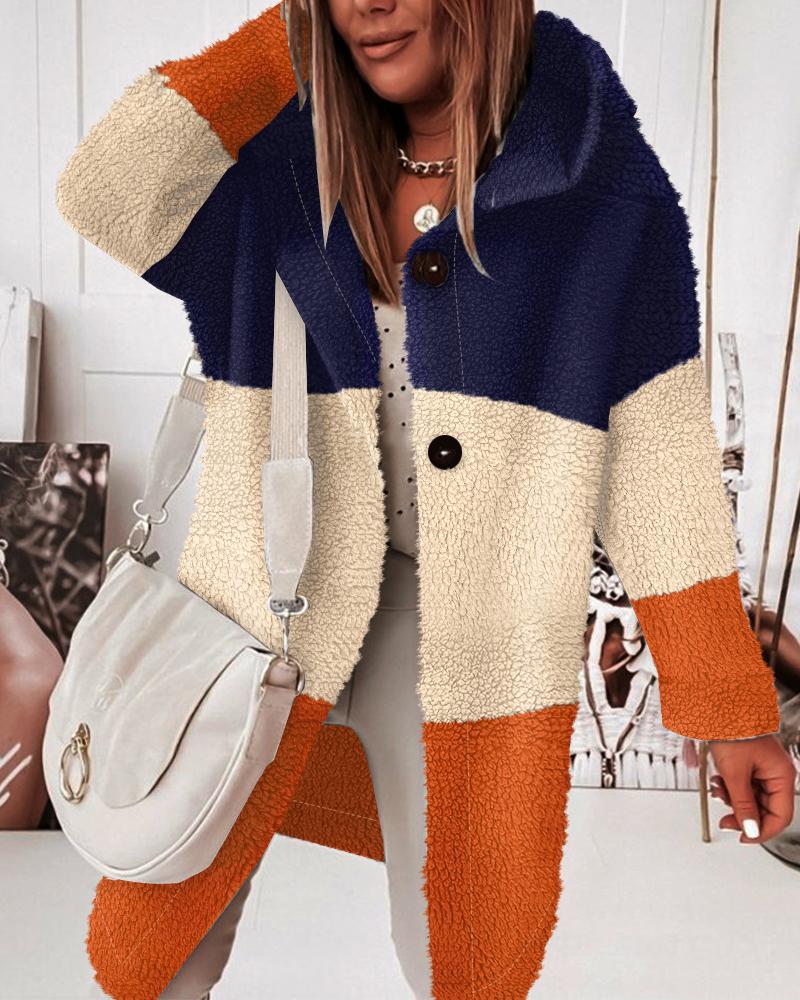 

Colorblock Buttoned Hooded Teddy Coat, Multicolor