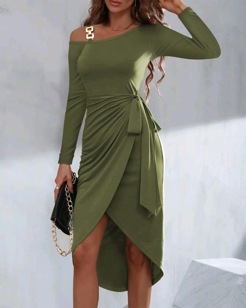 

Tied Detail Chain Decor Casual Dress, Army green