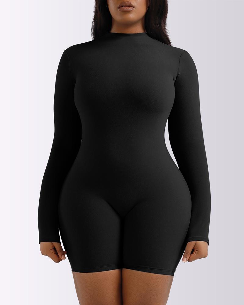 

Long Sleeve Warm Fleece Lined Skinny Romper, Black