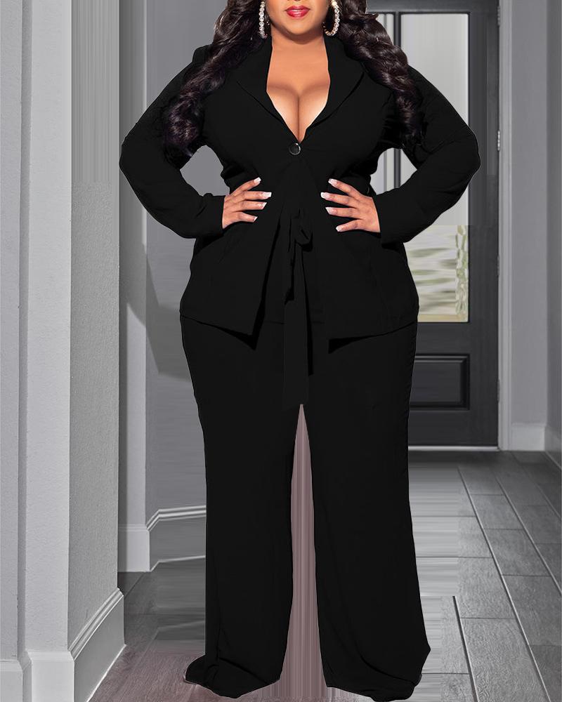 

Plus Size Buttoned Blazer Coat & Tied Detail Pants Set, Black