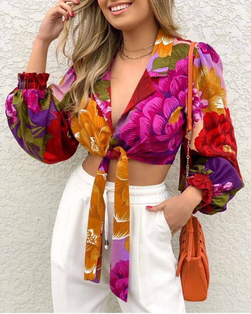 

Floral Print Lantern Sleeve Tie Front Crop Top, Multicolor