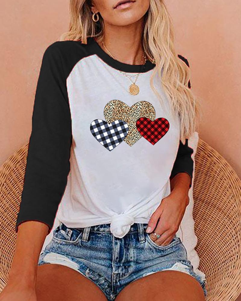 

Heart Plaid Cheetah Print Colorblock Top, Black