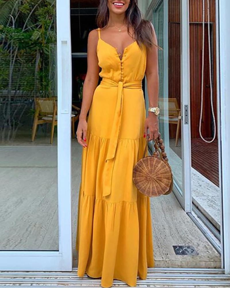 

Spaghetti Strap Button Knotted Ruffle Trim Maxi Dress, Yellow