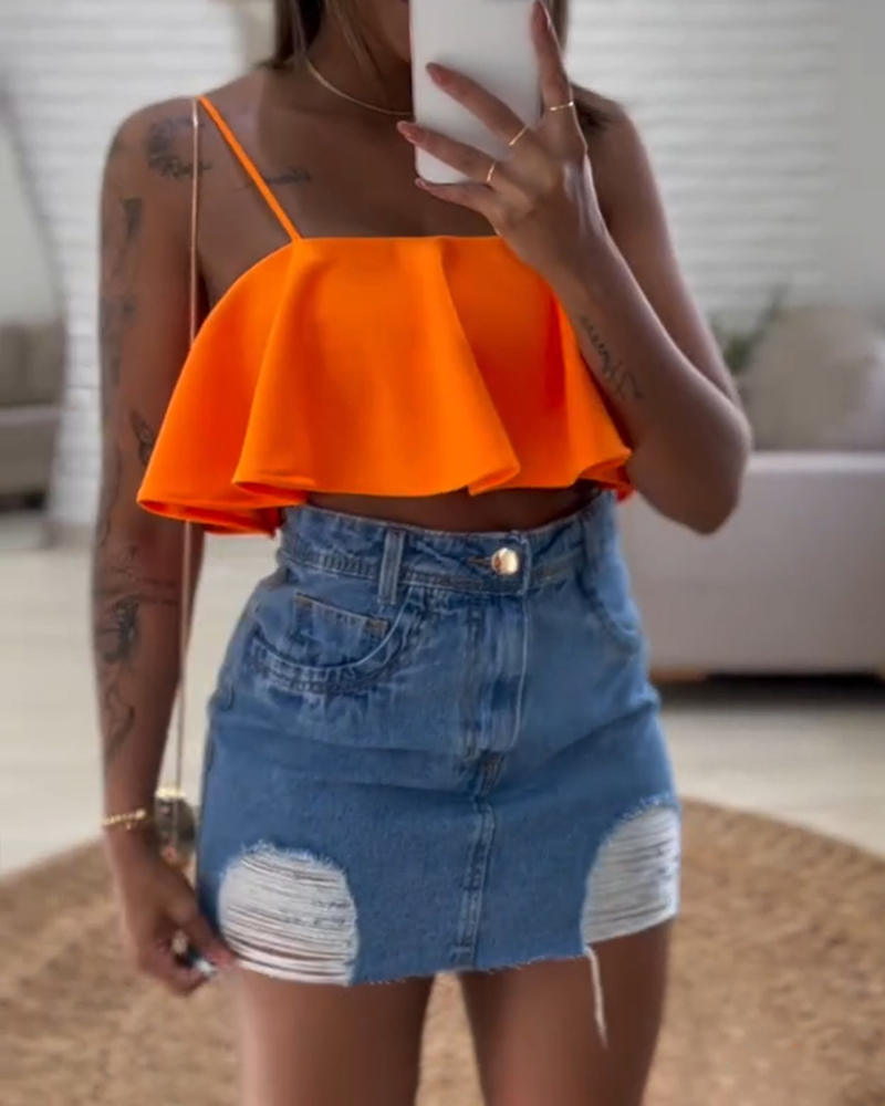 

Blusa tomara que caia com babados e alças finas, casual, slim fit, cropped, regata, Orange