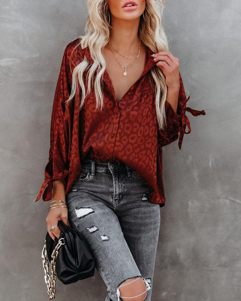 

Leopard Print Knot Cuff Button Down Top, Wine red